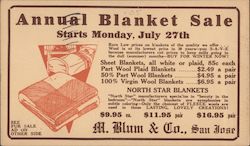 Annual Blanket Sale Starts Monday, July 27th. M. Blum & Co., San Jose California Postcard Postcard Postcard