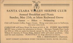 Santa Clara Valley Shrine Club. Annual Breakfast and Picnic. Sunday, May 27th, at Islam Redwood Grove San Jose, CA Postcard Post Postcard