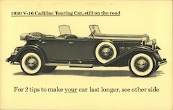 1930 V-16 Cadillac Touring Car, still on the road. For 2 tips to make your car last longer, see other side San Jose, CA Postcard Postcard