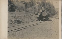 Men on a Railroad Cart with Large Tree Logs Guerneville, CA Postcard Postcard Postcard