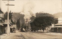 A Train Running Down the Middle of a Road Postcard