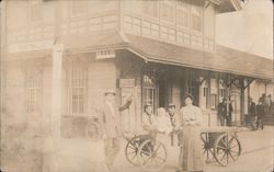 Family, Wagons at Railroad Depot Postcard