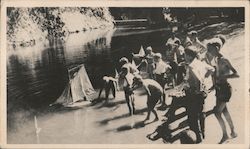 Campers sailing model boats on swimming pool in San Lorenzo River. San Jose YMCA Camp. Postcard