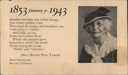 Mrs. Hattie West Tancre 1853 January 30 1943 with poem and her photo Berkeley, CA Postcard Postcard Postcard