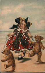 Girl Walking with her Teddy Bears Postcard Postcard Postcard