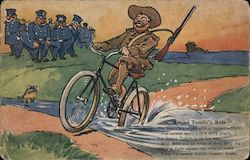 Bwana Tumbo's ride - drawing of Roosevelt riding bike across creek with policemen in background Theodore Roosevelt Postcard Post Postcard