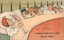 Austen - "When Father says 'turn' we all turn" drawing of 8 men sharing a bed Theodore Roosevelt Postcard Postcard Postcard