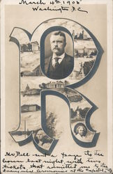 Large letter R with picture of Roosevelt and government buildings in the center Postcard