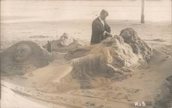 Man with Sand Sculptures of Roosevelt and Grant Long Beach, CA Theodore Roosevelt Postcard Postcard Postcard