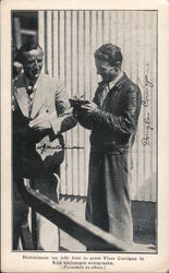 Hutchinson (on left) first to greet Flyer Corrigan in Eire exchange autographs Aviators Postcard Postcard Postcard