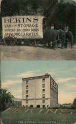 Bekins van and storage - van pulled by elephants - building Postcard