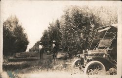 c1914 Men in Orchard, Old Car California Postcard Postcard Postcard