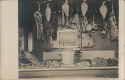 Butcher shop Deli case and hanging meats "Kingan's Cure" Postcard