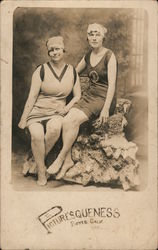 Two girls in swimsuits posing for picture on rock in studio Boyes Hot Springs, CA Postcard Postcard Postcard