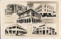 El Centro Scenes -Library, Castle Ray Hotel, Princess Hotel, Shafer Apartments Postcard