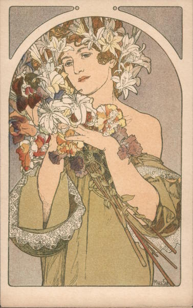 Mucha - Woman with bouquet of white lilies Art Nouveau Alphonse Mucha ...