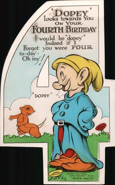 Seven Dwarfs Dopey Four Year Old Birthday Postcard 