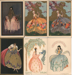 Lot of 6: Ladies in Large Dresses Postcard