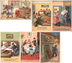 Set of 6: Women Beating Men, Married Life Postcard