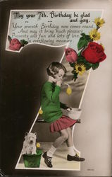 May your 7th. birthday be glad and gay. Poem. Girl blowing bubbles with dog at feet. No. 8556 Postcard Postcard Postcard