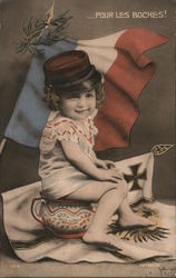 Pour Les Boches! Little girl with french flag. Sitting on toilet pot on German Empire Flag. World War I G Moriget Postcard Postc Postcard