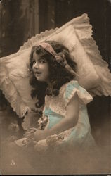 "Little Sweethearts" Girl in blue dress lying on lace pillow Girls Postcard Postcard Postcard