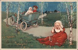 Bye-bye! We'll pick you up on our way back. Baby left behind by motoring couple. Comic Postcard Postcard Postcard