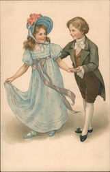 Girl and boy in fancy clothing holding hands Postcard