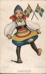 Sweden. Girl in native dress with crossed flags in background. F. L. 227 Postcard Postcard Postcard