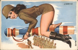 Woman in Military Outfit Straddling Pole Postcard