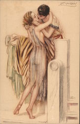 Couple kissing over balcony, man in toga Artist Signed Achille Mauzan Postcard Postcard Postcard