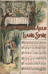 Auld Lang Syne - Musical score, and dinner-table and couple-in-the-forest scenes Postcard