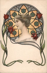 Woman in front of stained glass medallion. Postcard