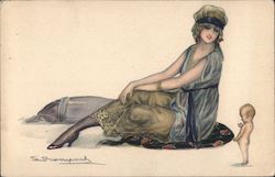 Drawing of Woman showing ankle to small baby doll or cupid Artist Signed S Romfond Postcard Postcard Postcard