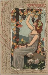 October - Girl eating grapes while sitting under grape arbor Art Nouveau Postcard Postcard Postcard