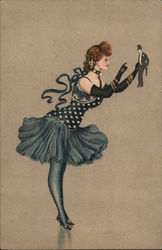 Cabaret girl in black dress holding very small man wearing top hat and tails Postcard