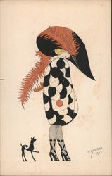 Woman with large feather hat with little black dog. Signed P. Brueyere 1920 Postcard