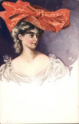 Woman in white dress with fancy red hat and bow Women Postcard Postcard Postcard