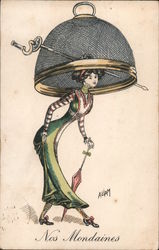 Nos Mondaines. Woman with umbrella wearing unconventional head wear. Signed A Liam Artist Signed Aliam Postcard Postcard Postcard