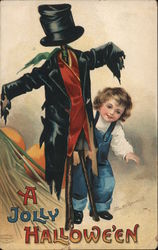 A Jolly Halloween. Boy and his scarecrow Postcard