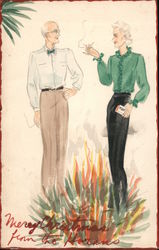 Merry Christmas - man and woman standing in hell fire. Postcard