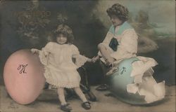 Girl with large pink egg and Boy with large hatched blue egg. Studio picture With Children Postcard Postcard Postcard