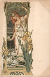 Red haired woman standing in pond holding water lillies with iris edging signed Elizabeth Sonrel Art Nouveau Postcard Postcard Postcard