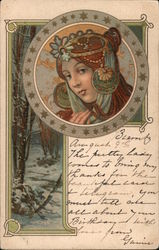 Woman's face - with long hair and fancy headdress; wooded scene in background Postcard