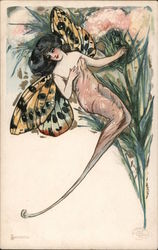 Sensibility. Butterfly girl in flowers. Postcard