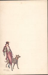 Woman walking dog and holding small dog signed S. Bompard Artist Signed S Hamford Postcard Postcard Postcard