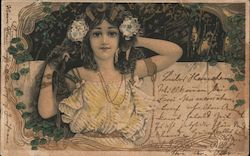 Girl in yellow sundress with frame of ivy around her Art Nouveau Postcard Postcard Postcard