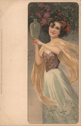 Girl holding vase signed M.S.M. Postcard