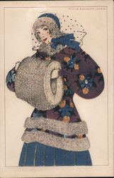 Wien Girl with Muff in purple and blue Artist Signed Mela Koehler Postcard Postcard Postcard