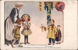 Children and nanny visiting China Town children. Rare delights and interesting sights in California Trains, Railroad Postcard Po Postcard